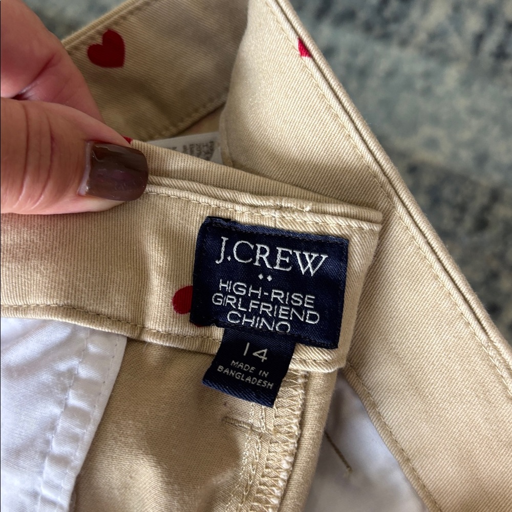J.Crew Highrise Girlfriend Chinos Classic Tan With Red Hearts Size 14 - Picture 6 of 7